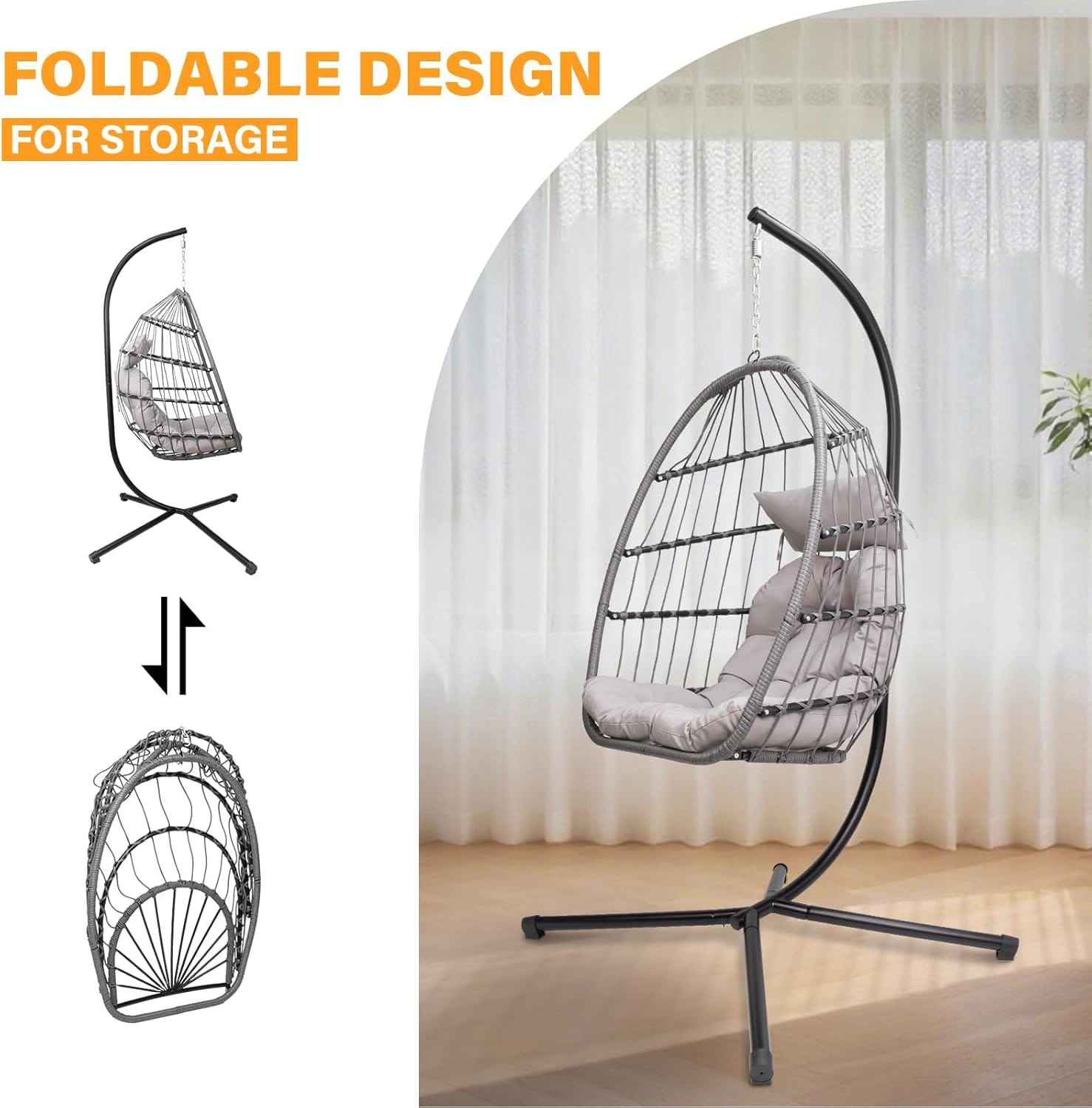 Hanging egg chair with stand in a bright residential interior