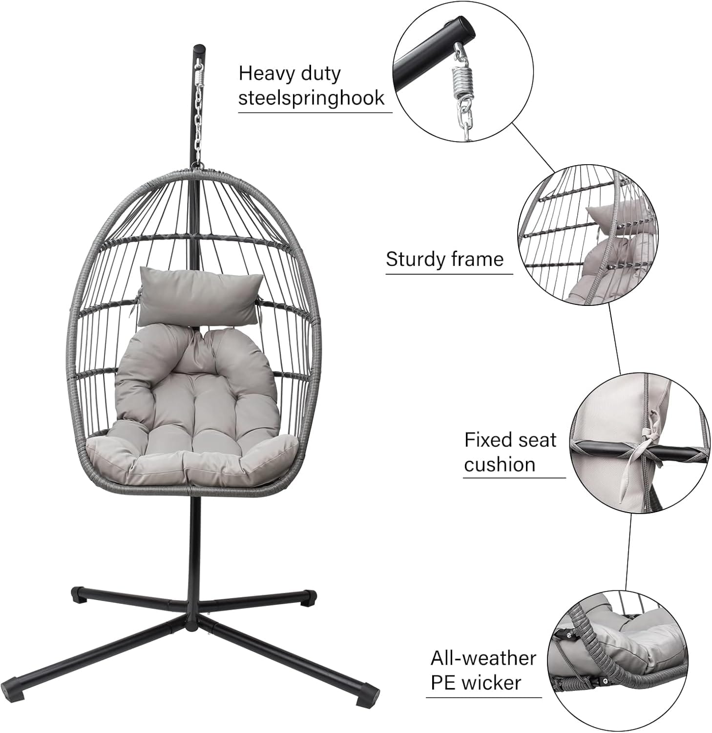 Hanging egg chair frame and cushion product detail