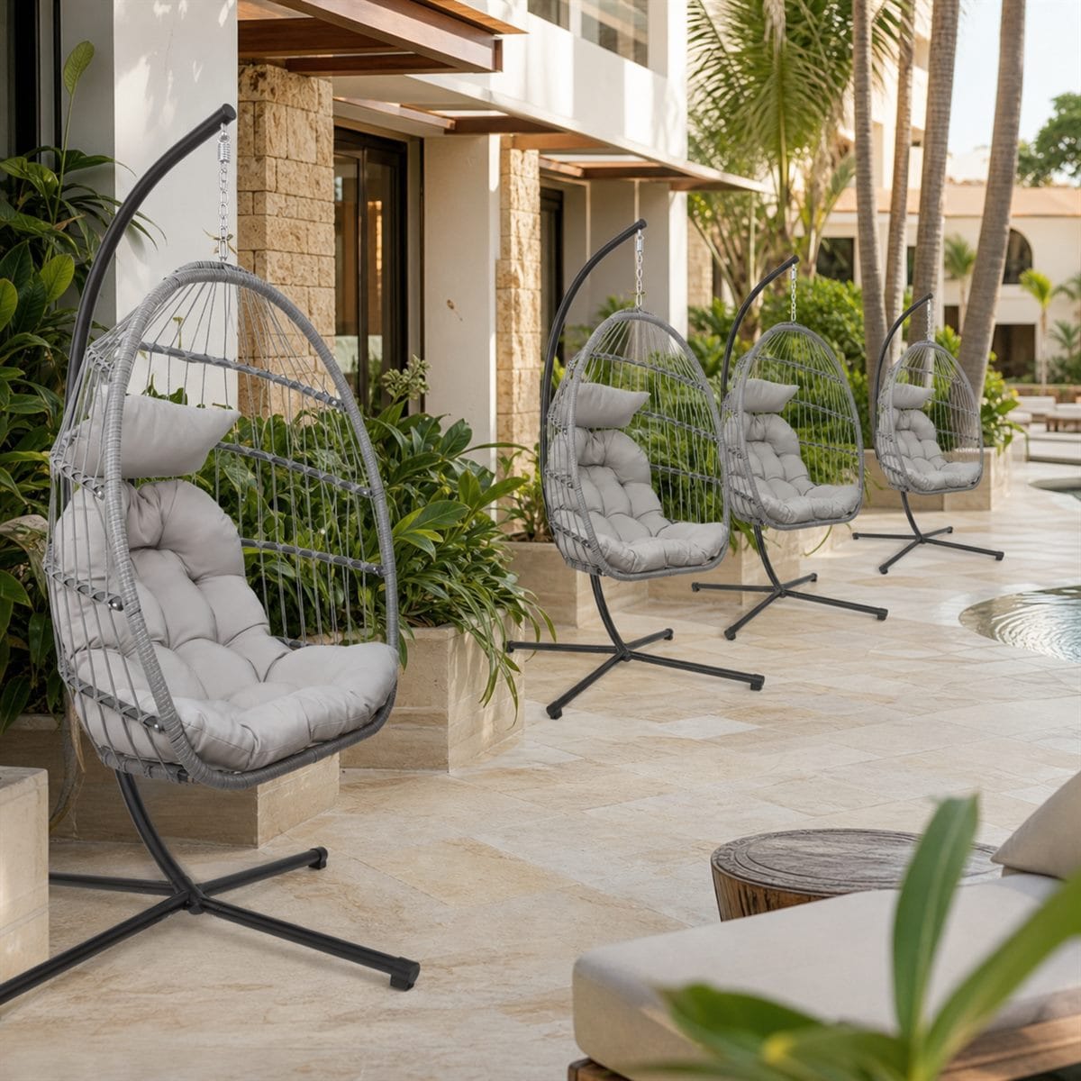Hanging egg chairs arranged for a hotel and resort leisure space