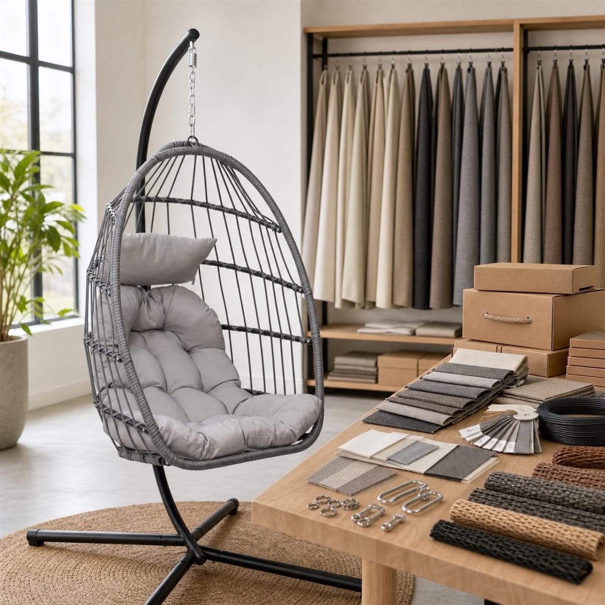 Private label hanging egg chair material and packaging development