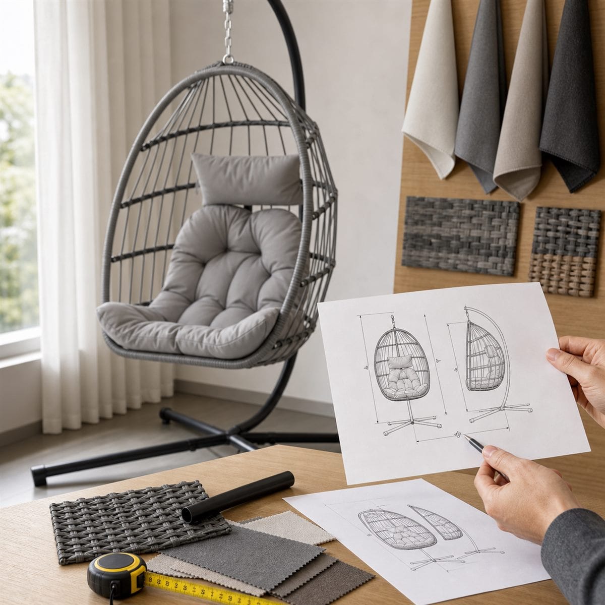 Wholesale buyer reviewing hanging egg chair specifications and material samples