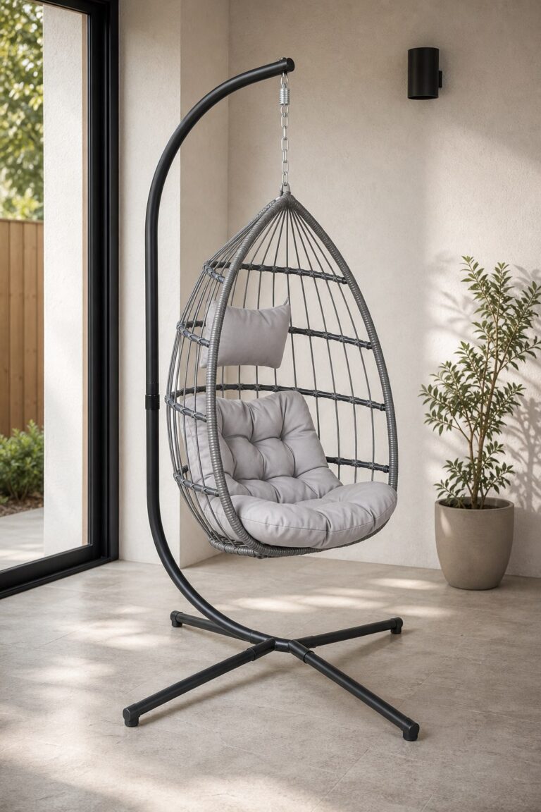 WN-EC01 hanging egg chair in a covered patio sunroom