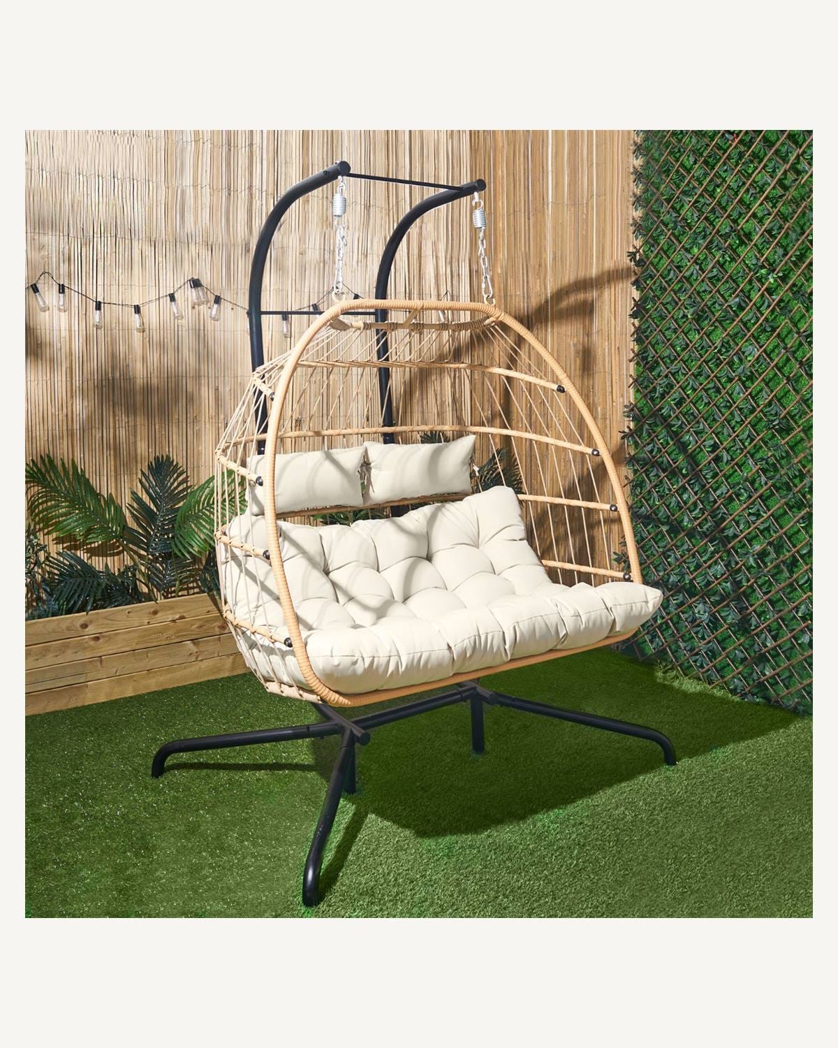 Double loveseat hanging egg chair with reinforced stand for wholesale